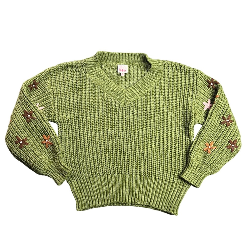 So Me Women's Small Green Chunky Rib Knit V-Neck Floral Embroidered Boho Sweater